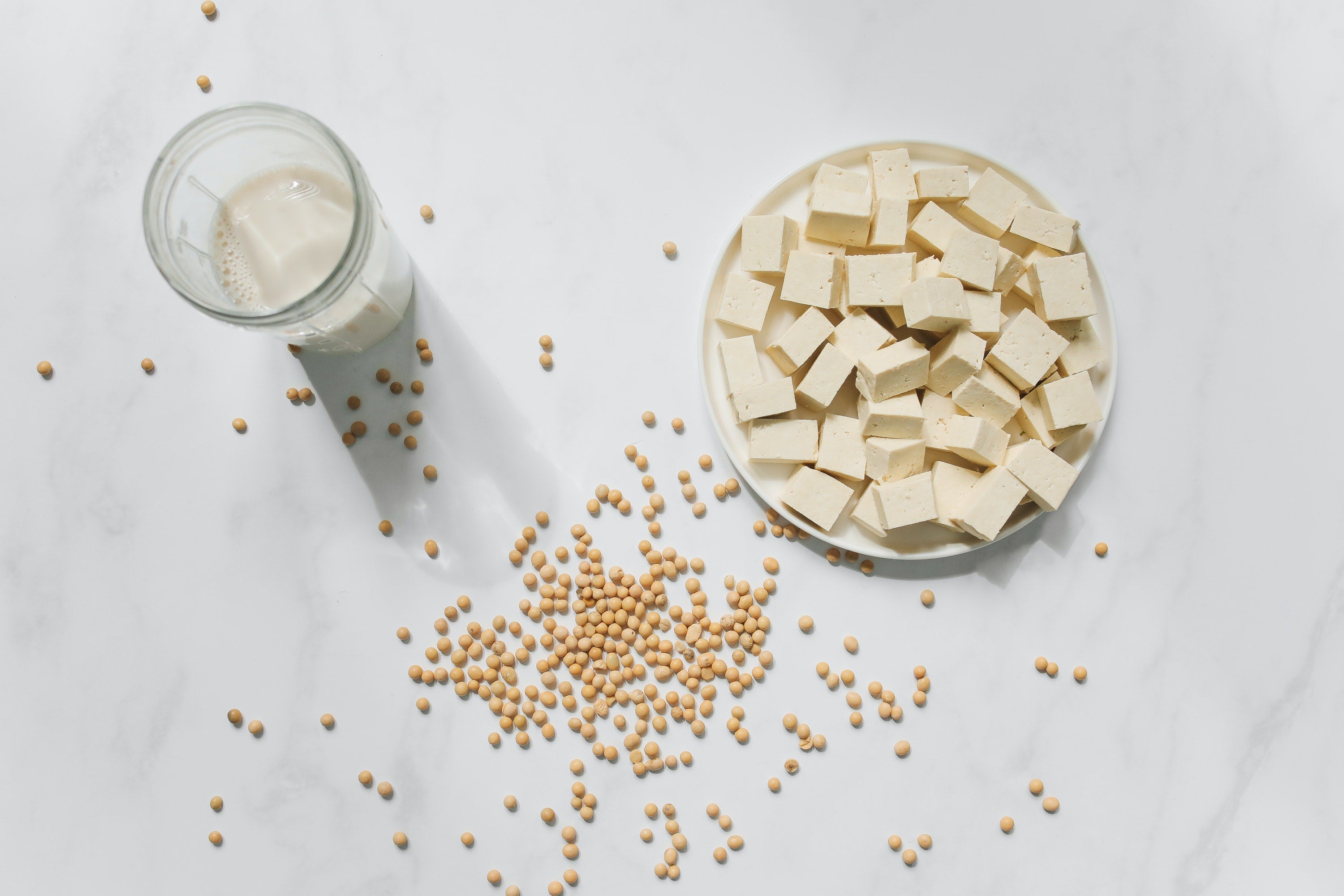 Milk, tofu, and soybeans on a table