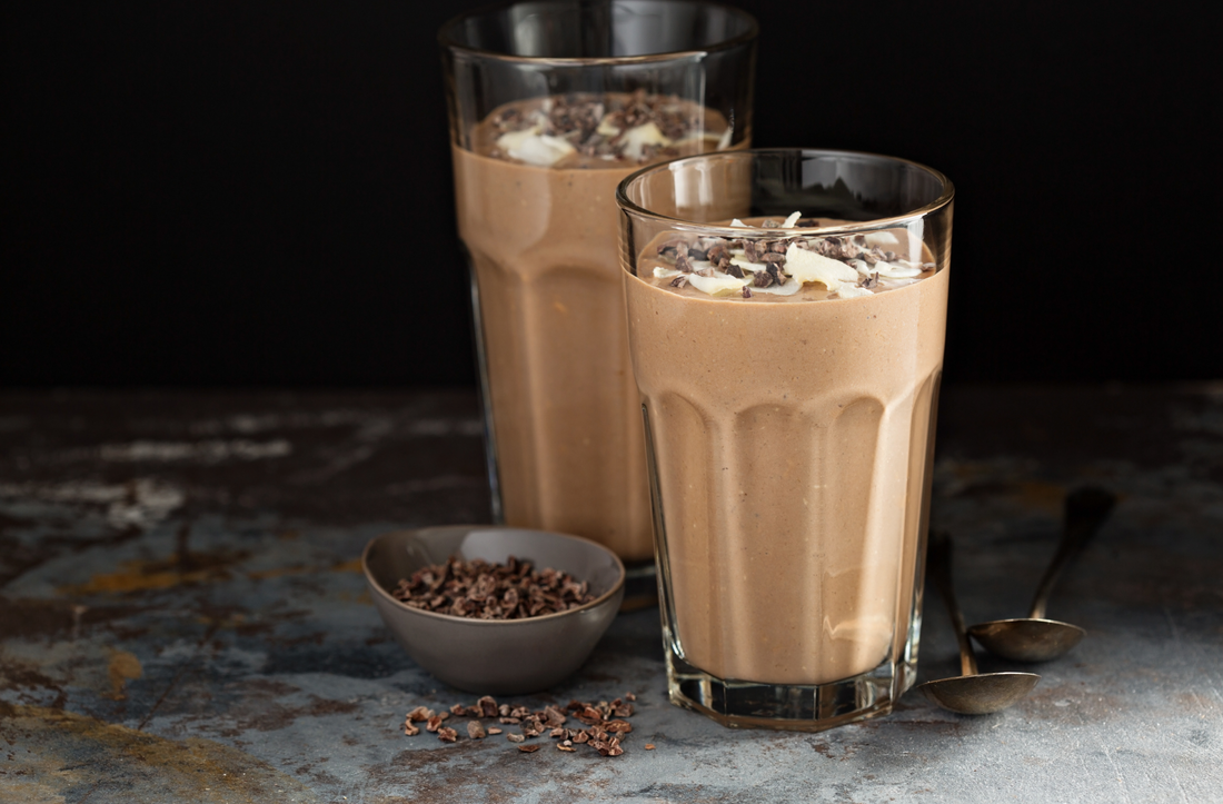Chocolate banana smoothie with cocoa nibs