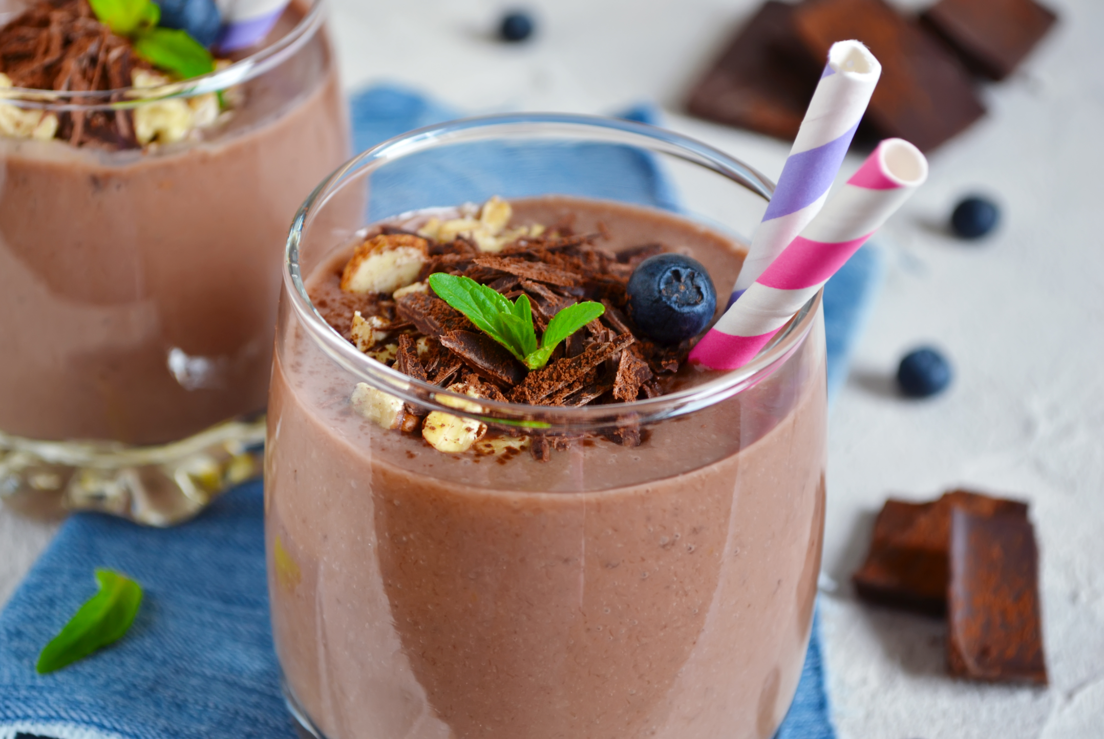 two chocolate mint keto shake garnished with mint leaves