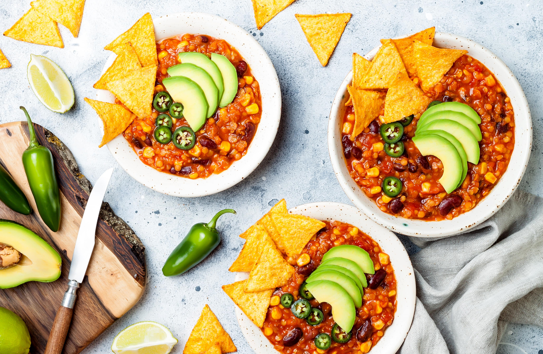 three plates of turkey and veggie chilli