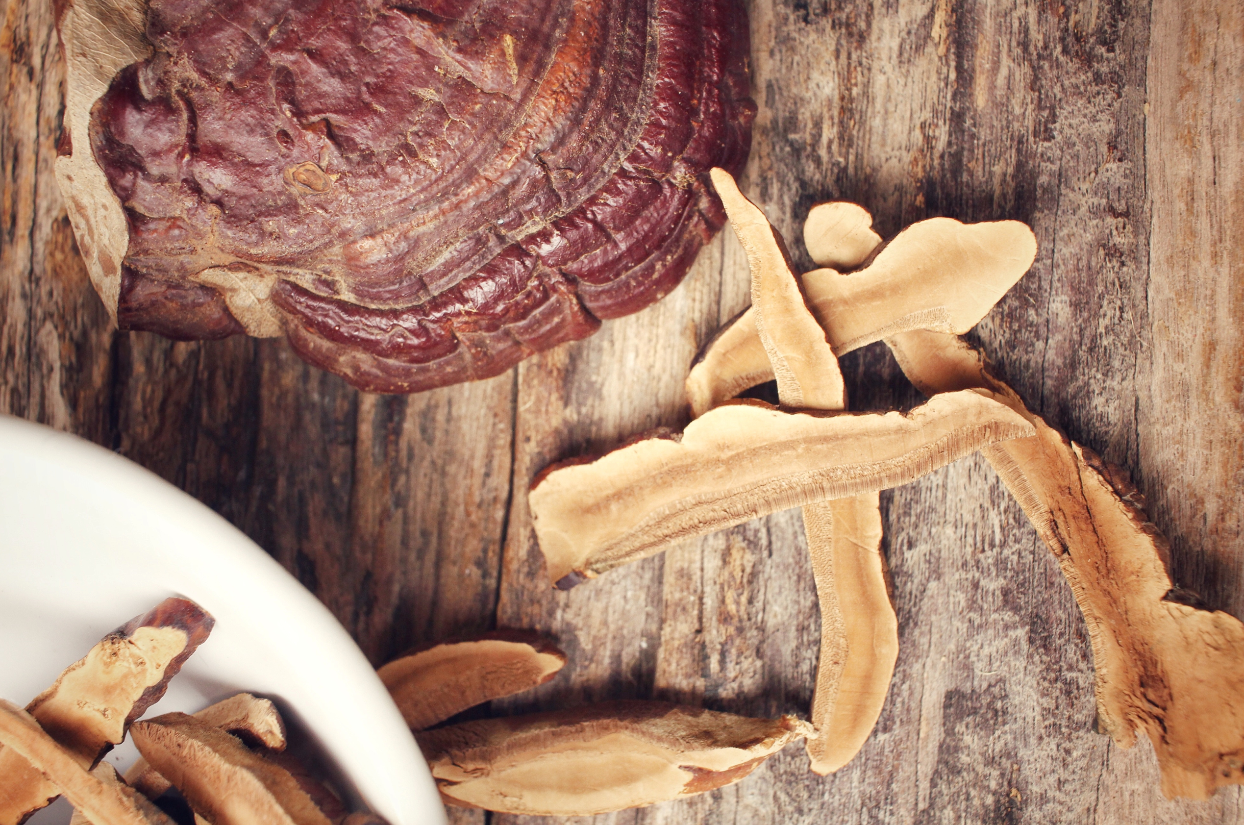 reishi mushrooms on a wooden surface