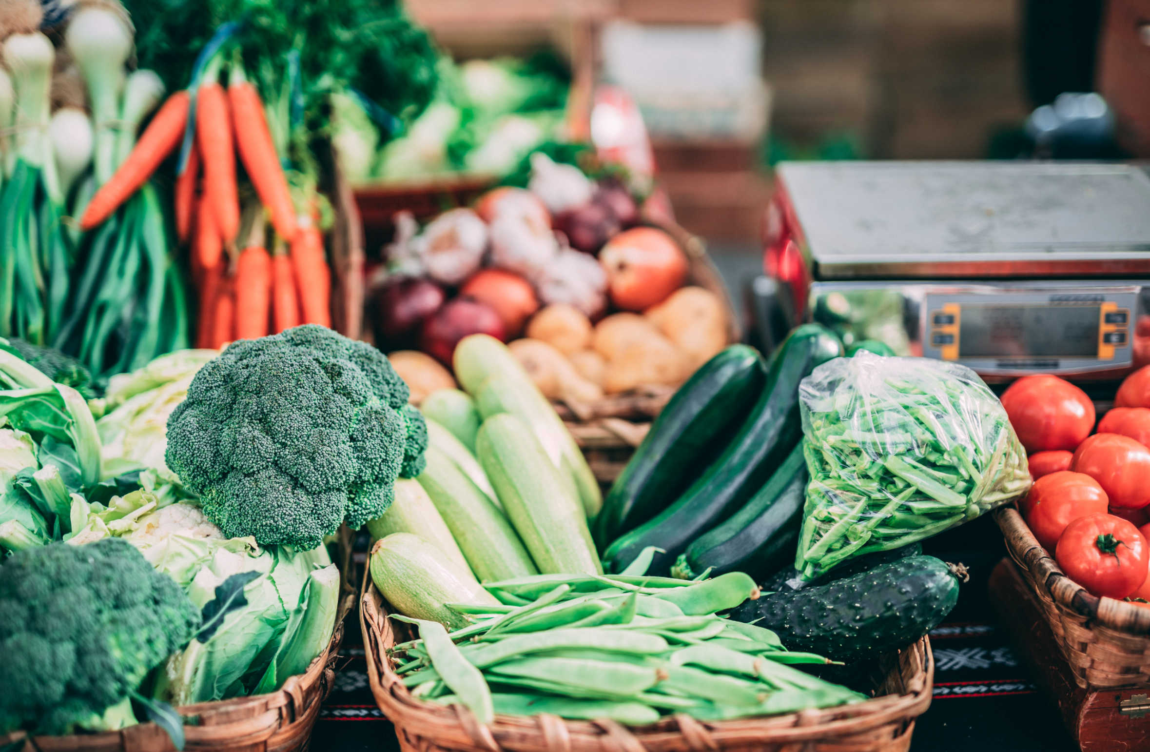 array of spring vegetables at market