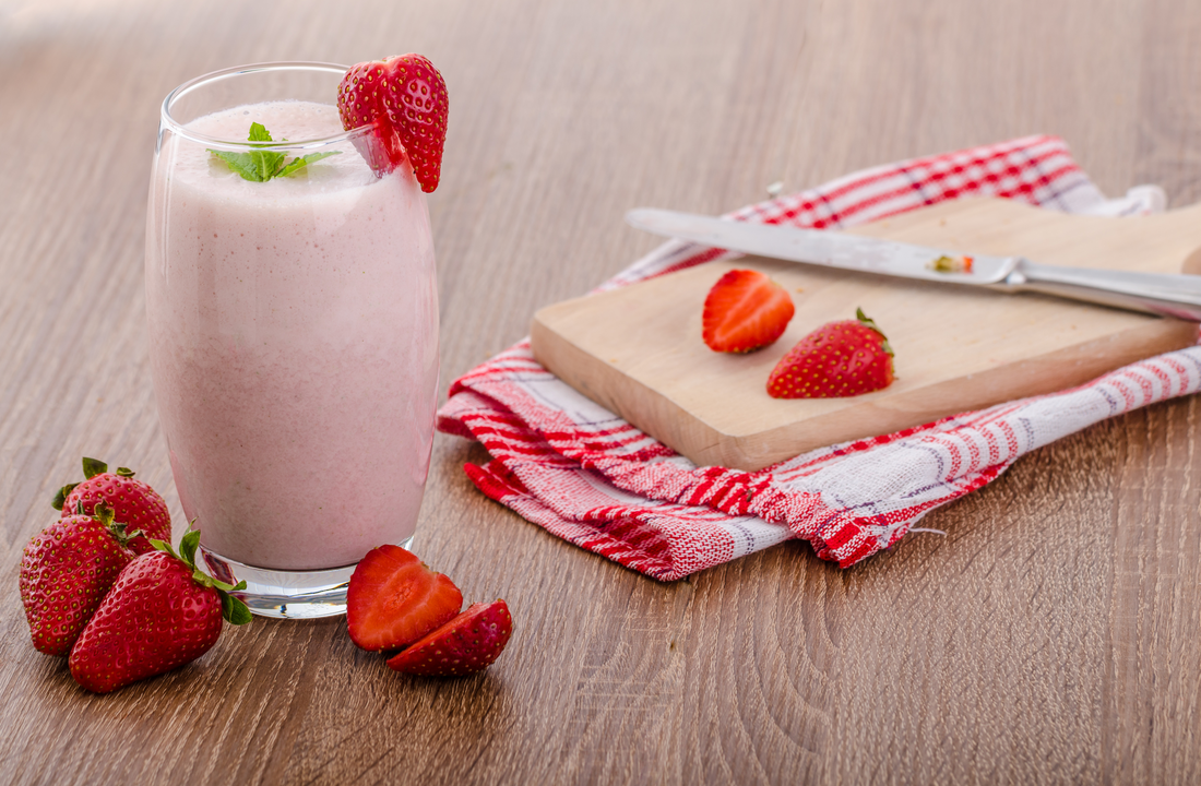 Strawberry smoothie, nice and clean, fresh fruits, leaf of mint