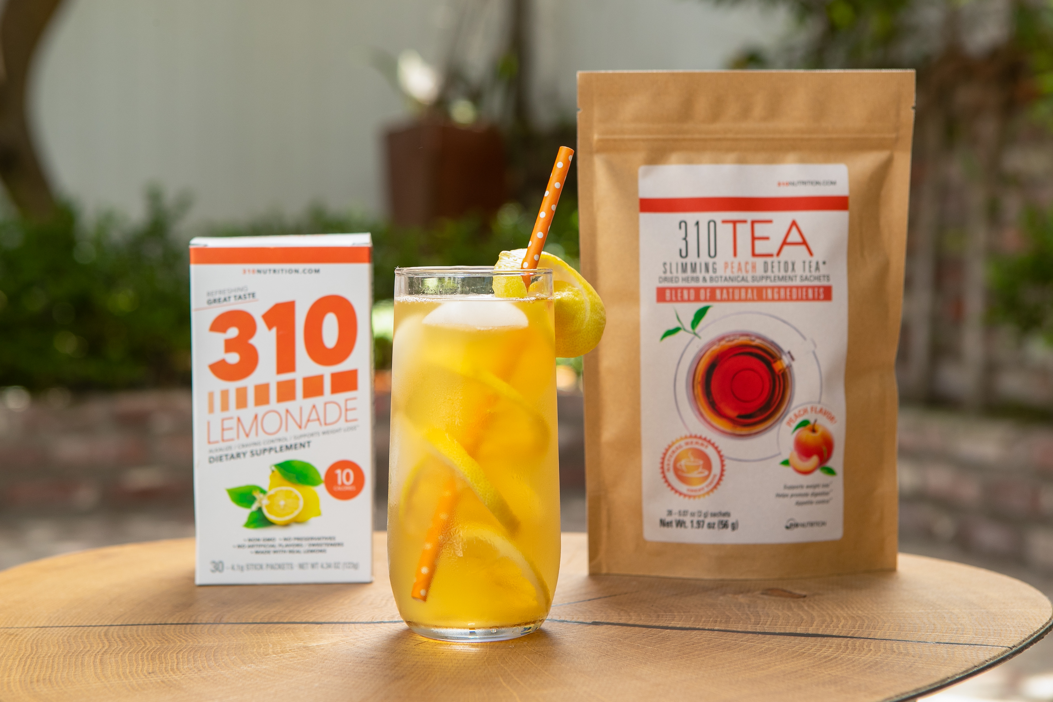 310 tea pack, 310 lemonade and a glass of juice