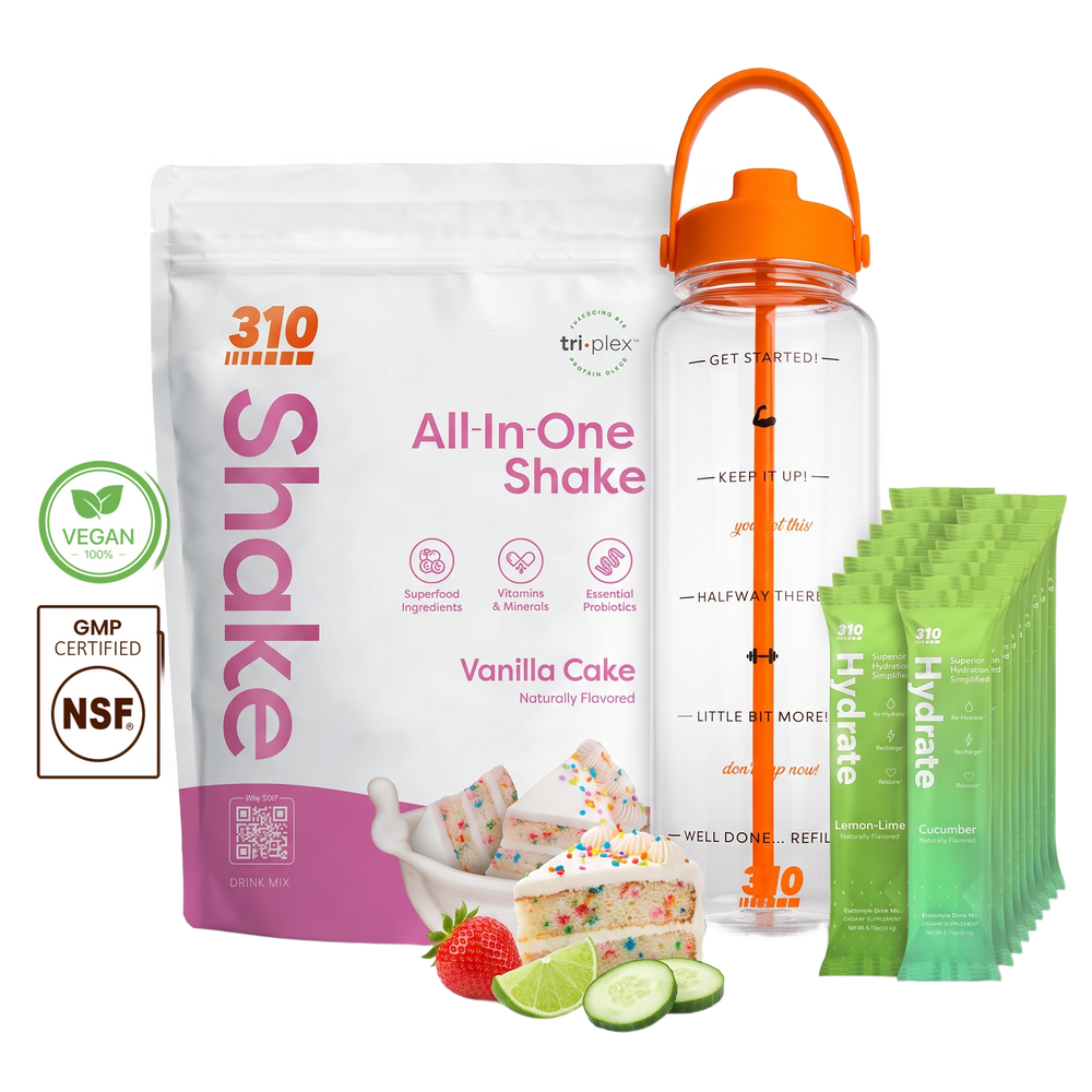 310 Hydration Bundle — Vanilla Cake All-In-One Shake, 14 Hydrate electrolyte sticks & 40oz water tracker bottle