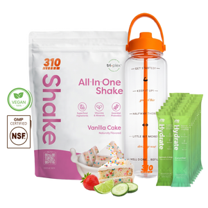 310 Hydration Bundle — Vanilla Cake All-In-One Shake, 14 Hydrate electrolyte sticks & 40oz water tracker bottle