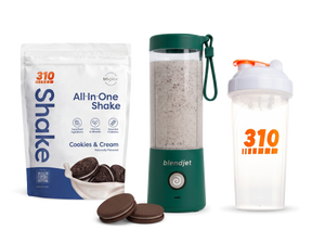 310 Blend & Go — Cookies & Cream All-In-One Shake, BlendJet 2 in Emerald, and 310 shaker cup