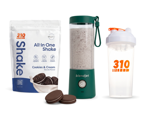 310 Blend & Go — Cookies & Cream All-In-One Shake, BlendJet 2 in Emerald, and 310 shaker cup