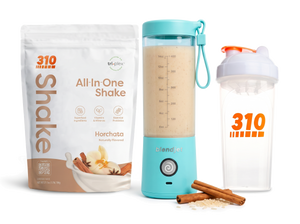 310 Blend & Go — Horchata All-In-One Shake, BlendJet 2 in Sky Blue, and 310 shaker cup