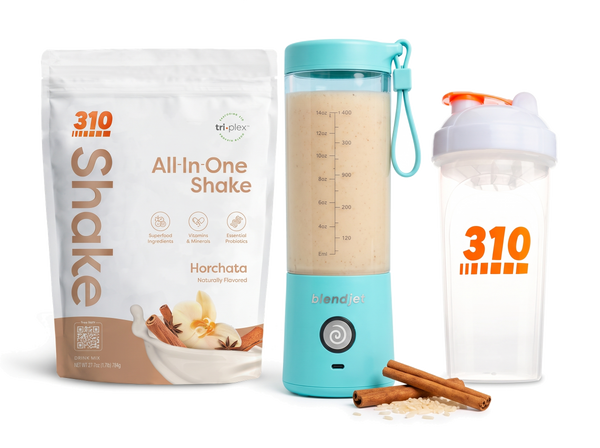 310 Blend & Go — Horchata All-In-One Shake, BlendJet 2 in Sky Blue, and 310 shaker cup