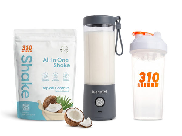 310 Blend & Go — Tropical Coconut All-In-One Shake, BlendJet 2 in Slate, and 310 shaker cup