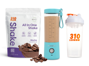 310 Blend & Go — Mocha All-In-One Shake, BlendJet 2 in Sky Blue, and 310 shaker cup