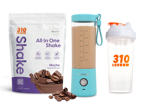 310 Blend & Go — Mocha All-In-One Shake, BlendJet 2 in Sky Blue, and 310 shaker cup