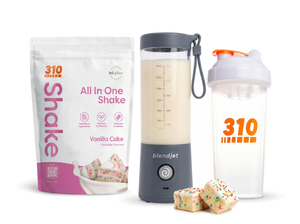 310 Blend & Go — Vanilla Cake All-In-One Shake, BlendJet 2 in Slate, and 310 shaker cup