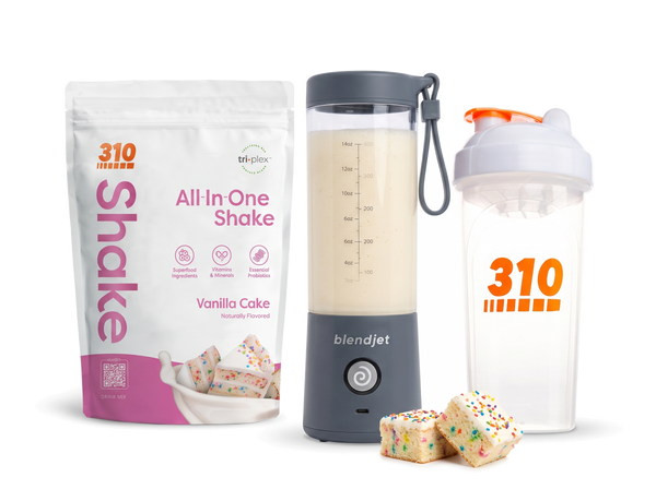 310 Blend & Go — Vanilla Cake All-In-One Shake, BlendJet 2 in Slate, and 310 shaker cup