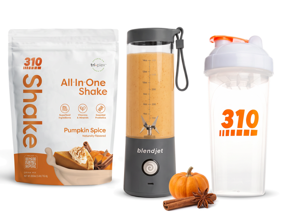 310 Blend & Go — Pumpkin Spice All-In-One Shake, BlendJet 2 in Slate, and 310 shaker cup