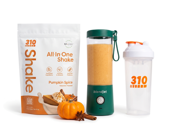 310 Blend & Go — Pumpkin Spice All-In-One Shake, BlendJet 2 in Emerald, and 310 shaker cup