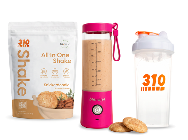 310 Blend & Go — Snickerdoodle All-In-One Shake, BlendJet 2 in Hot Pink, and 310 shaker cup