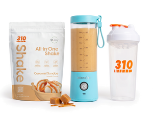 310 Blend & Go — Caramel Sundae All-In-One Shake, BlendJet 2 in Sky Blue, and 310 shaker cup