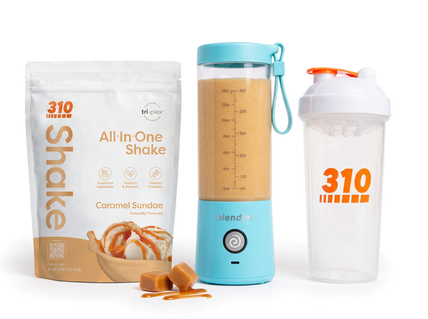310 Blend & Go — Caramel Sundae All-In-One Shake, BlendJet 2 in Sky Blue, and 310 shaker cup