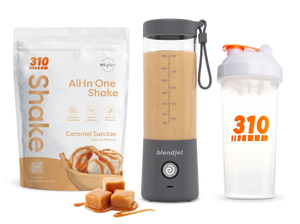 310 Blend & Go — Caramel Sundae All-In-One Shake, BlendJet 2 in Slate, and 310 shaker cup