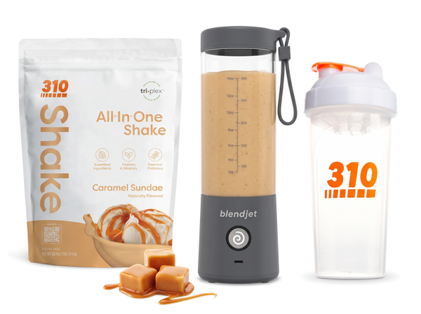 310 Blend & Go — Caramel Sundae All-In-One Shake, BlendJet 2 in Slate, and 310 shaker cup