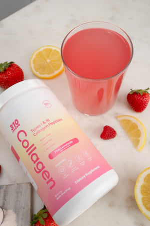 310 collagen tub and a glass of pink lemonade