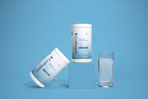 two unflavored collagen peptides and a glass of collagen