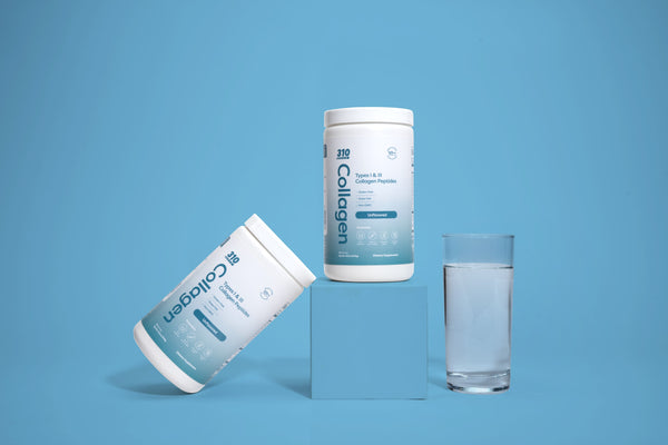 two unflavored collagen peptides and a glass of collagen