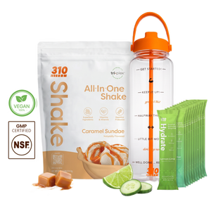 310 Hydration Bundle — Caramel Sundae All-In-One Shake, 14 Hydrate electrolyte sticks & 40oz water tracker bottle