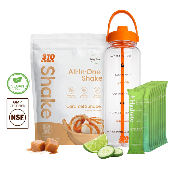 310 Hydration Bundle — Caramel Sundae All-In-One Shake, 14 Hydrate electrolyte sticks & 40oz water tracker bottle