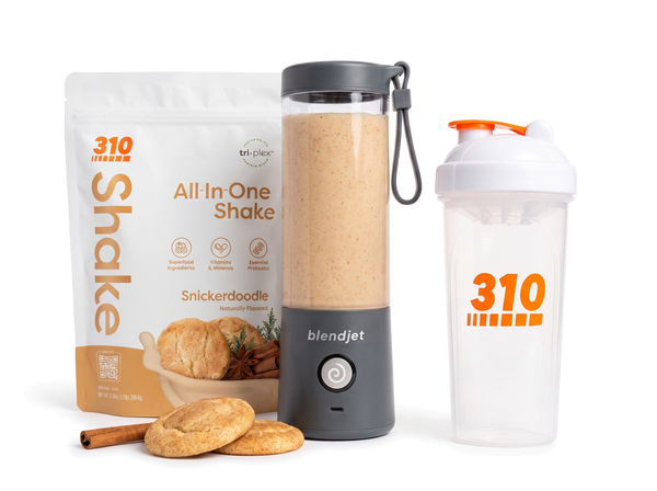 310 Blend & Go — Snickerdoodle All-In-One Shake, BlendJet 2 in Slate, and 310 shaker cup