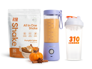 310 Blend & Go — Pumpkin Spice All-In-One Shake, BlendJet 2 in Periwinkle, and 310 shaker cup