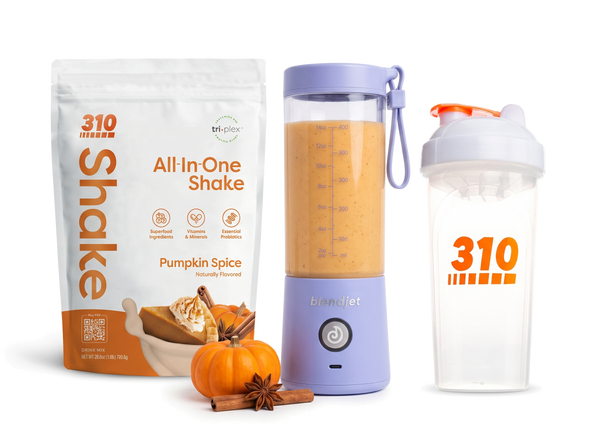 310 Blend & Go — Pumpkin Spice All-In-One Shake, BlendJet 2 in Periwinkle, and 310 shaker cup