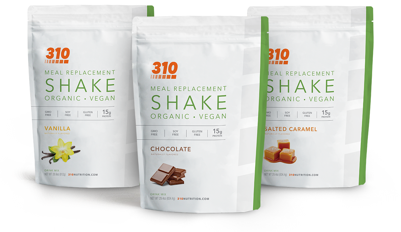 Three 310 nutrition meal replacement shake bags in vanilla, chocolate, and salted caramel flavors.
