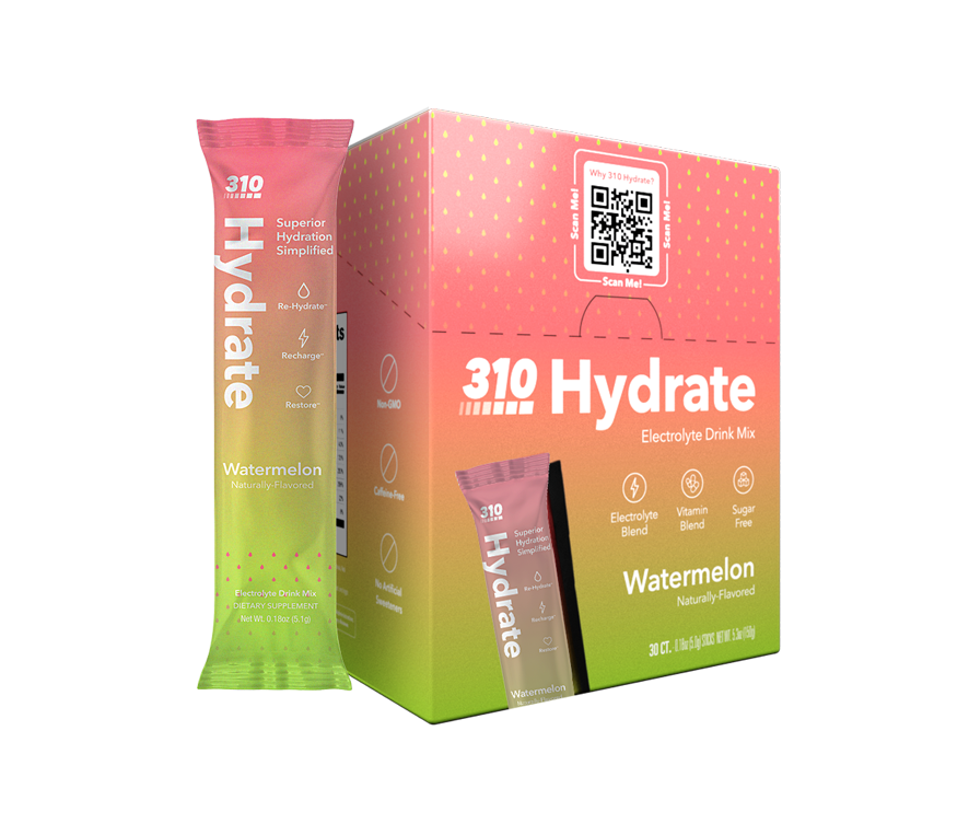 a pack of 310 hydrate watermelon electrolyte drink mix