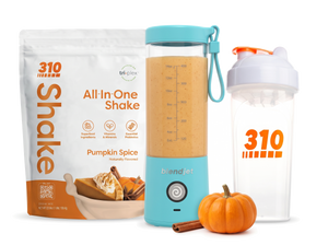 310 Blend & Go — Pumpkin Spice All-In-One Shake, BlendJet 2 in Sky Blue, and 310 shaker cup