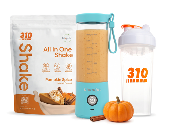 310 Blend & Go — Pumpkin Spice All-In-One Shake, BlendJet 2 in Sky Blue, and 310 shaker cup