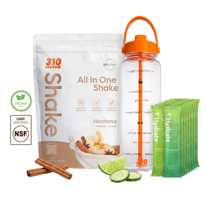 310 Hydration Bundle — Horchata All-In-One Shake, 14 Hydrate electrolyte sticks & 40oz water tracker bottle