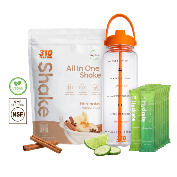 310 Hydration Bundle — Horchata All-In-One Shake, 14 Hydrate electrolyte sticks & 40oz water tracker bottle