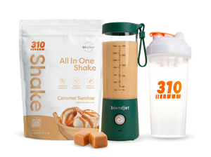 310 Blend & Go — Caramel Sundae All-In-One Shake, BlendJet 2 in Emerald, and 310 shaker cup