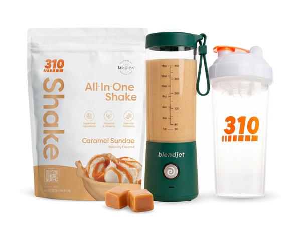 310 Blend & Go — Caramel Sundae All-In-One Shake, BlendJet 2 in Emerald, and 310 shaker cup