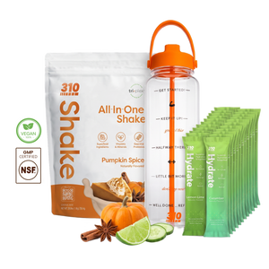 310 Hydration Bundle — Pumpkin Spice All-In-One Shake, 14 Hydrate electrolyte sticks & 40oz water tracker bottle