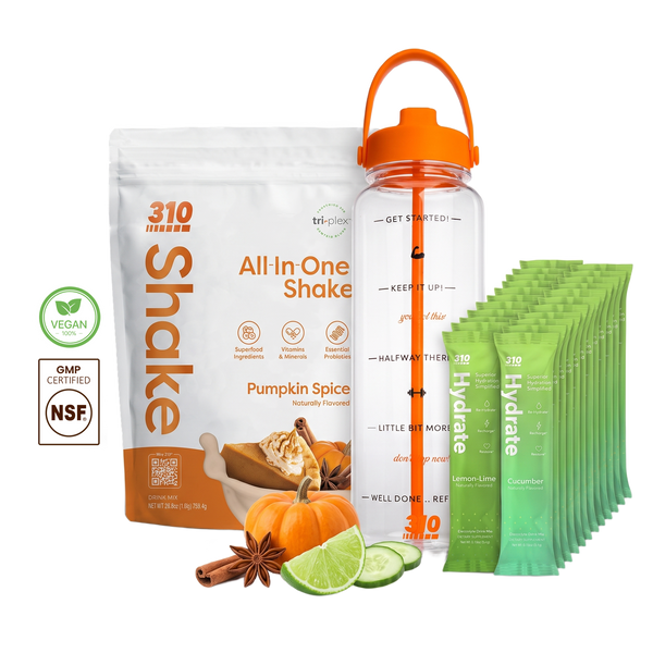 310 Hydration Bundle — Pumpkin Spice All-In-One Shake, 14 Hydrate electrolyte sticks & 40oz water tracker bottle