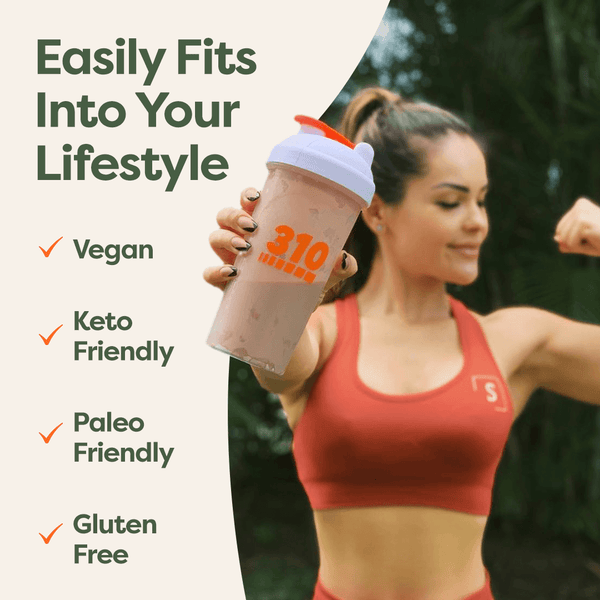 a woman holding a shaker cup showcasing its key features