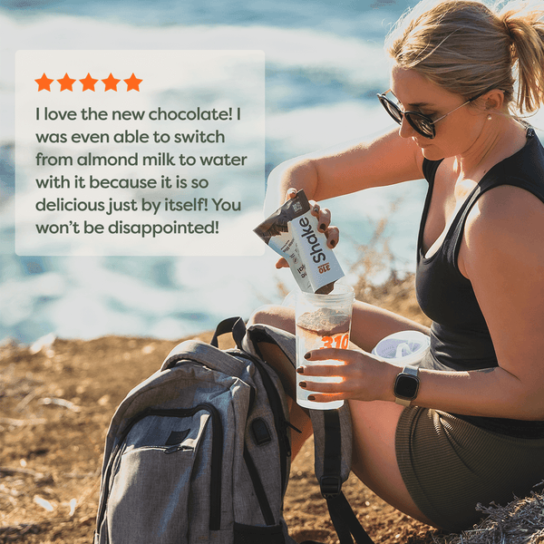 five star review and a woman pouring chocolate bliss shake into a shaker cup