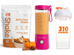 310 Blend & Go — Pumpkin Spice All-In-One Shake, BlendJet 2 in Hot Pink, and 310 shaker cup