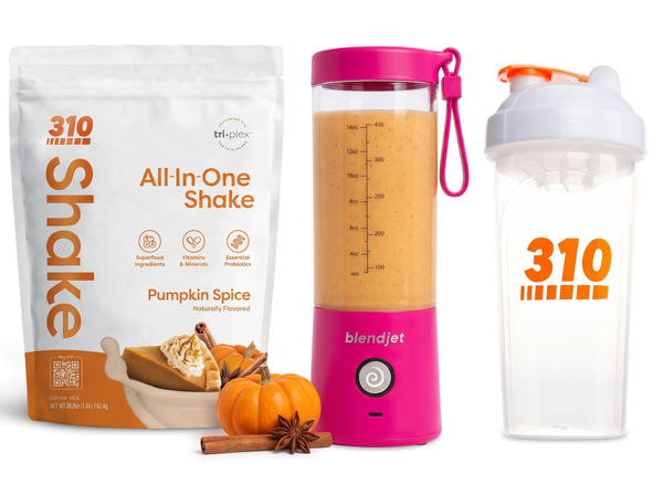 310 Blend & Go — Pumpkin Spice All-In-One Shake, BlendJet 2 in Hot Pink, and 310 shaker cup