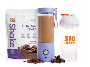 310 Blend & Go — Mocha All-In-One Shake, BlendJet 2 in Periwinkle, and 310 shaker cup