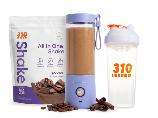 310 Blend & Go — Mocha All-In-One Shake, BlendJet 2 in Periwinkle, and 310 shaker cup